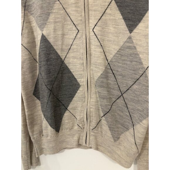 Express Mens Argyle Full Zip‎ Cardigan Sweater Size Large Gray and Beige - Picture 2 of 9